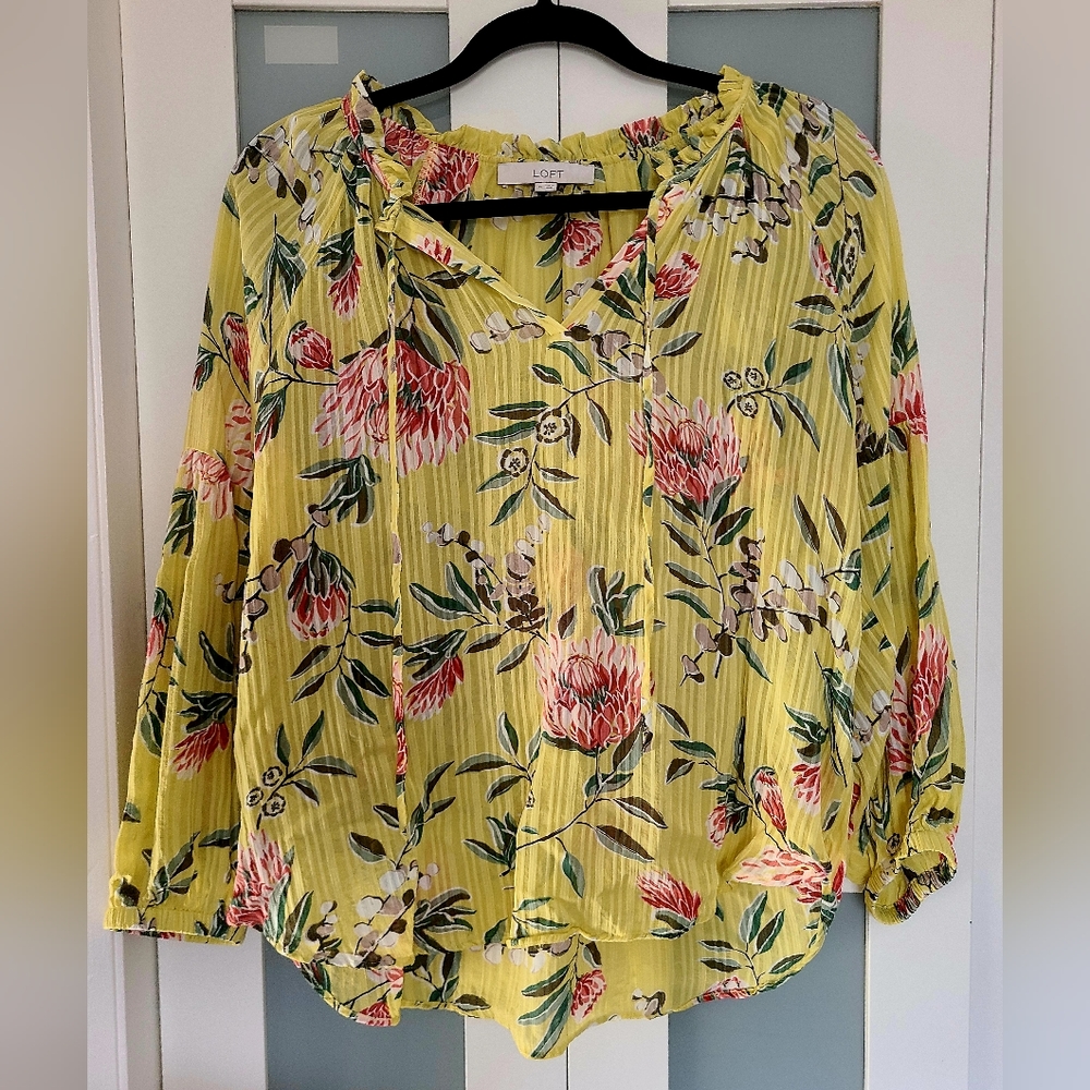 Yellow Floral Print Long Sleeve Ruffle Tie Neck Blouse